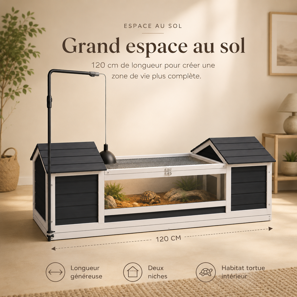Habitat Tortue XL 120 cm - Plus d’espace pour structurer l’habitat