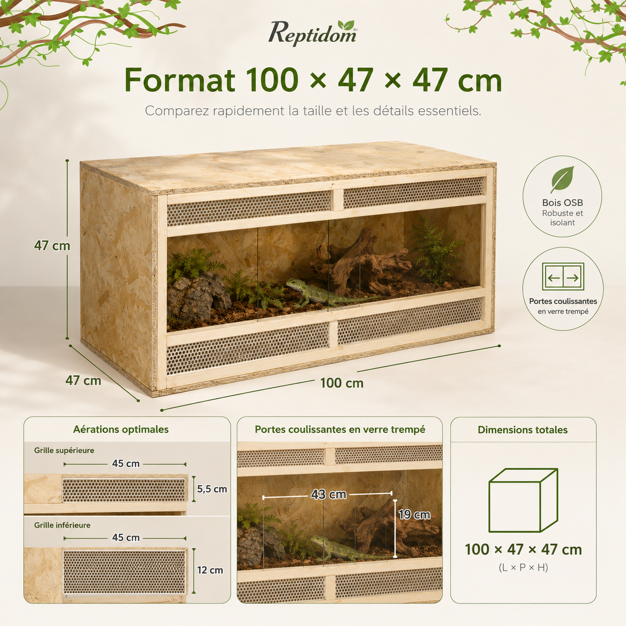 Terrarium Bois OSB 100 cm - Une façade claire avec zones grillagées