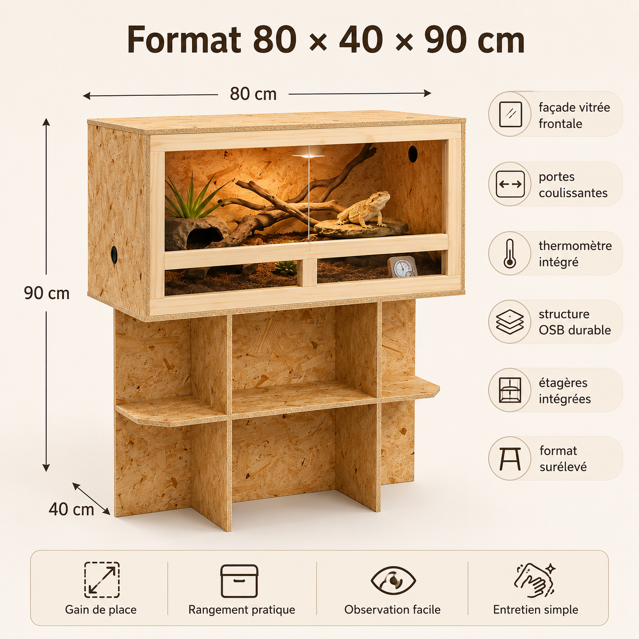Terrarium Vertical OSB 90 cm - Un format 80 × 40 × 90 cm plus fonctionnel