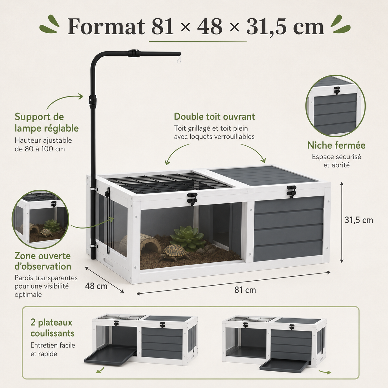 Habitat Tortue Compact 81 cm - Un format 81 × 48 × 31,5 cm facile à comparer