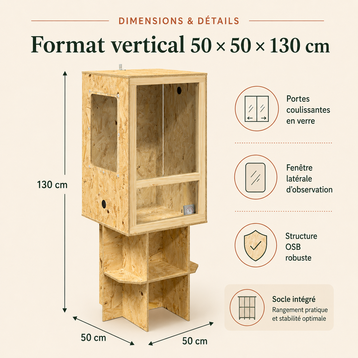 Terrarium Vertical OSB XL 130 cm - Un format 50 × 50 × 130 cm pensé en hauteur