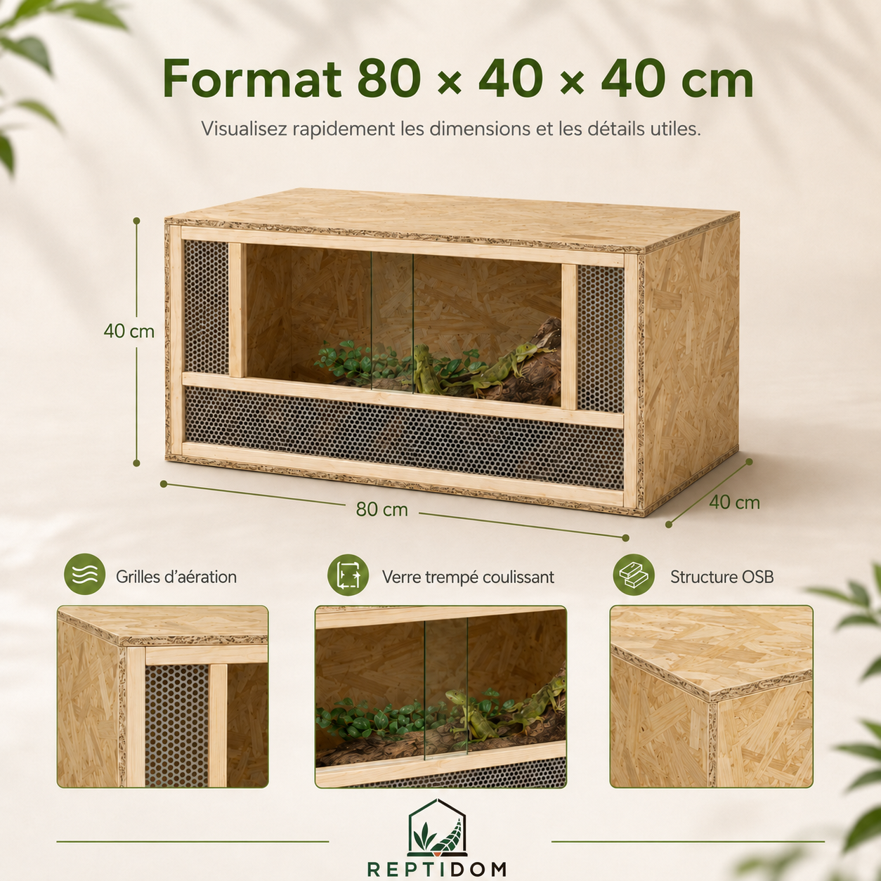 Terrarium Bois OSB 80 cm - Une façade claire avec zones grillagées