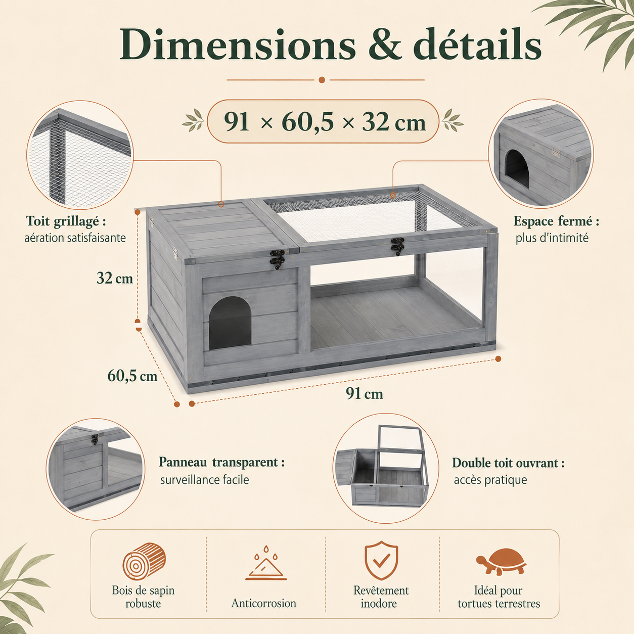 Habitat Tortue Bois 91 cm - Un format 91 × 60,5 × 32 cm facile à comparer