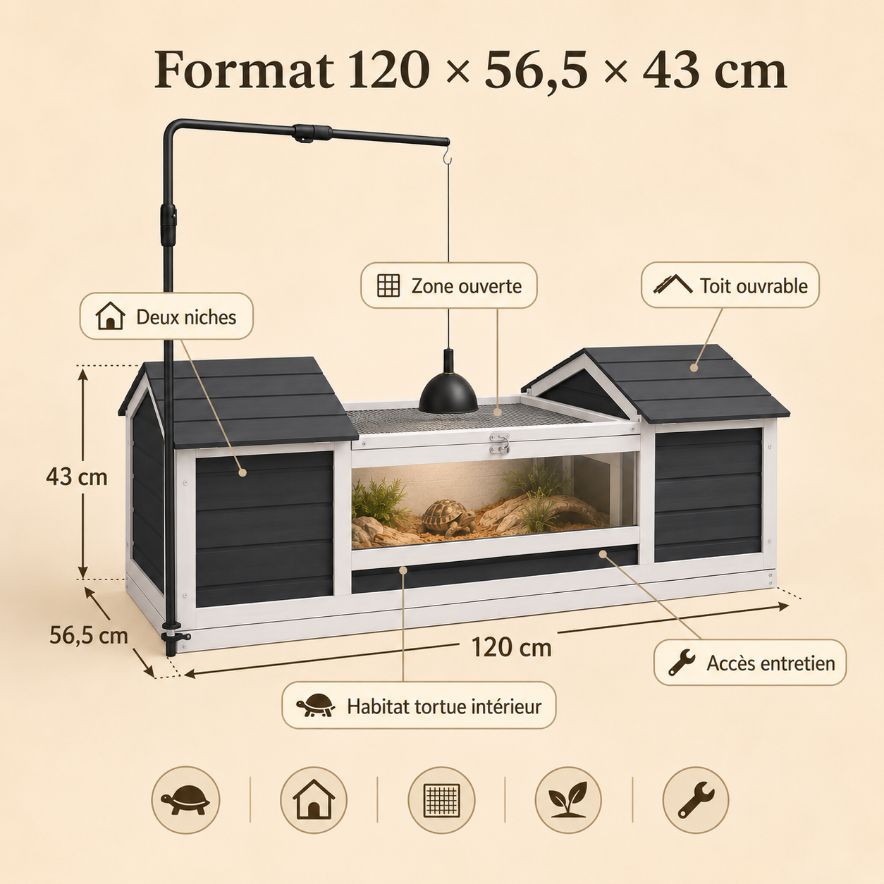 Habitat Tortue XL 120 cm - Un format 120 × 56,5 × 43 cm facile à organiser